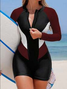 Swim SPRTY 1 pieza Traje de baño de una sola pieza para mujer, estilo casual vacacional en la playa con bloqueo de color, manga larga y cremallera - Burdeos - Ver 5