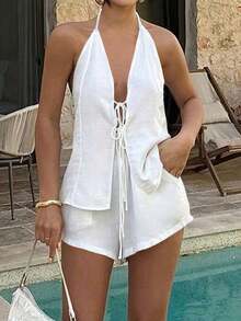 Conjunto de 2 piezas de top con escote en V y espalda descubierta con lazo, y shorts elásticos para mujer, adecuado para el hogar, la playa, citas, festivales de música, San Valentín y otras ocasiones, elegante en negro para el verano - Blanco - Ver 9