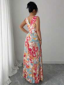 Vestido elegante y romántico para mujer con escote en V sin mangas, cintura hueca, plisado en línea A y estampado floral - Multicolor 2 - Ver 2