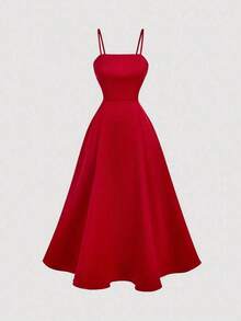 MOD Vestido de satén color albaricoque con lazo en la espalda y largo medio - Rojo - Ver 5