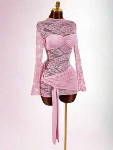 Blusa de encaje para mujer con vestido mini ajustado de tul rojo vintage con cordón en el bajo, estilo bohemio para fiesta - Rosa - Ver 6