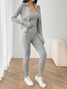 Conjunto deportivo de 3 piezas para mujer: Cárdigan de punto con cremallera + Camiseta + Pantalones en color negro - Multicolor - Ver 6
