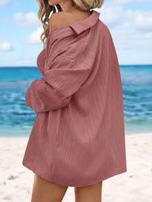 Conjunto de dos piezas de mujer en tela tejida color caqui: Top corto casual con cuello y pantalones cortos con mangas a la muñeca y detalles de bolsillo, para vacaciones - Rosa - Ver 2