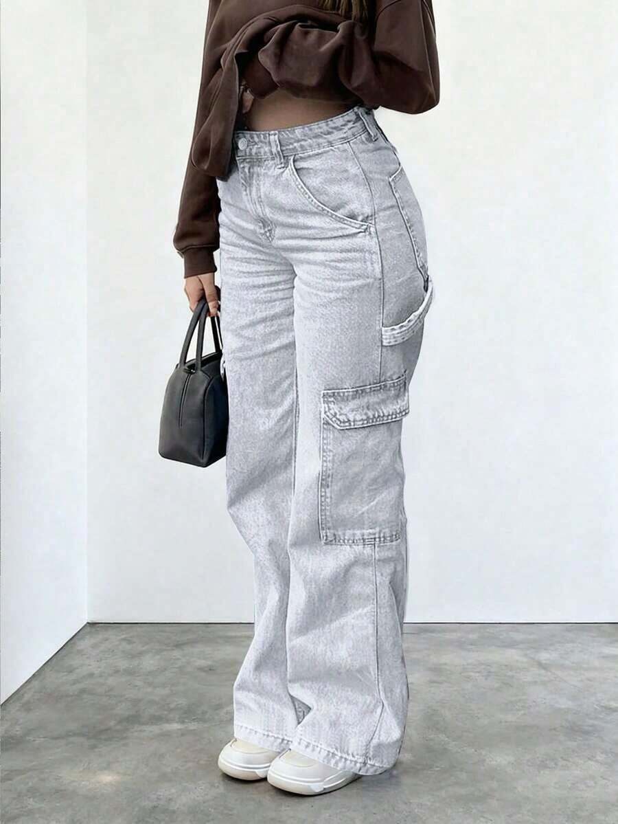 NVFelix 2026 Nuevos jeans de tiro alto, rectos y holgados para mujeres, elegante estilo casual Y2K streetwear, adecuado para primavera/verano - Gris Claro - Ver 1