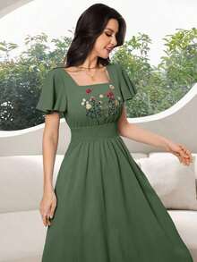 Vestidos midi de manga corta con cuello cuadrado, cintura ceñida y bordado floral para mujeres - Verde militar - Ver 4
