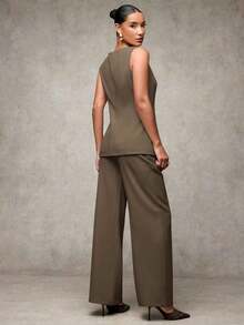 Traje de pantalón sin mangas negro para mujer con detalles de botones dorados con rosas, casual de negocios para otoño/invierno - Marrón - Ver 5