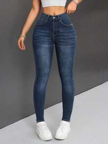 PETITE Jeans De Cintura Alta Para Mujer Ajustados - Azul lavado oscuro - Ver 9