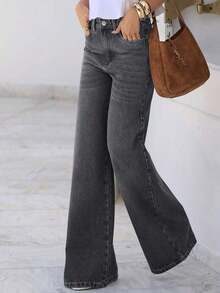 Jeans rectos y sueltos para mujer con bolsillos, pantalones vaqueros de mezclilla lavada minimalista y casual, adecuados para el uso en verano y esenciales para el otoño, la primavera y las vacaciones - Gris - Ver 4