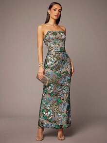 Vestido camisero elegante con pliegues y bordado de lentejuelas - Verde - Ver 4