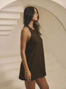 Vestido mini casual/de fiesta de mujer de unicolor con cuello halter - Marrón - Ver 4