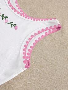 4 piezas Camiseta de mujer con cuello redondo bordada con pimiento picante y limón - Blanco - Ver 6