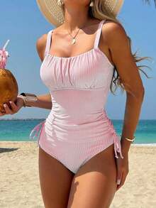 Set de 2 piezas Traje de baño con top de tela especial de rayas sexy y pantalones cortos de cintura alta en triángulo - Rosa - Ver 3