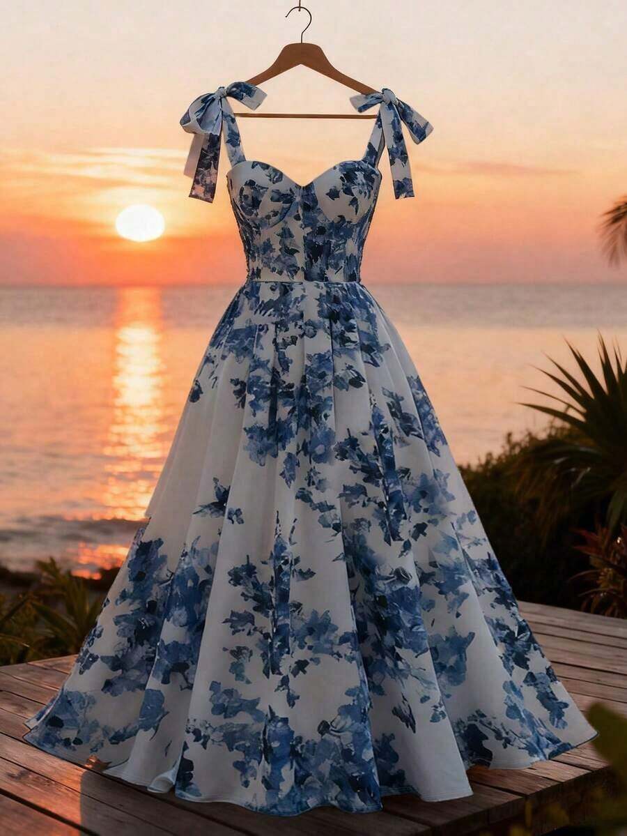 Vestido elegante con estampado floral y hombros con lazo para vacaciones - Multicolor - Ver 1