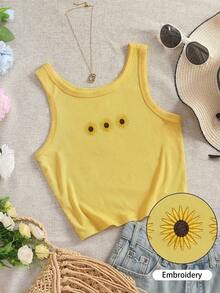 4 piezas Camiseta de mujer con cuello redondo bordada con pimiento picante y limón - Mostaza Amarilla 3 - Ver 1