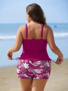 Swim Lushoire Set de 2 piezas de tankini con estampado floral para mujeres de talla grande - Rosa Roja - Ver 2