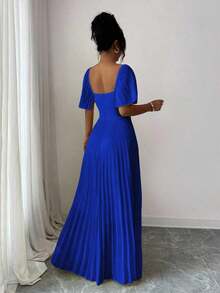 Vestido de línea A para mujer de color amarillo crema con cuello cuadrado y cintura ceñida, elegante y romántico - azul real - Ver 2