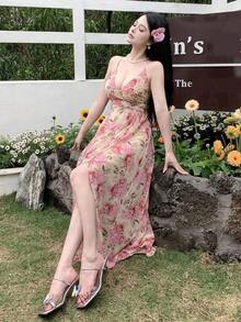 Vestido de verano con estampado floral, escote en V, espalda descubierta y tirantes finos para mujer.Conjunto de ropa de crucero, vestido de playa, atuendo de vacaciones, atuendo de Pascua con estilo bohemio - Rosa - Ver 10