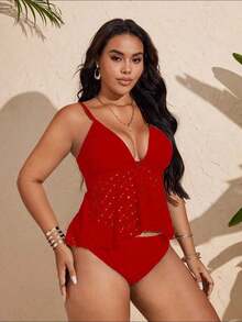 Swim Lushoire Conjunto de tankini de traje de baño de unicolor con diseño calado para mujer de talla grande - Rojo - Ver 4