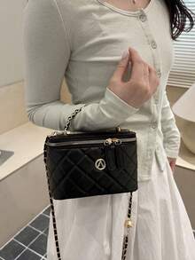 2026 New Embroidered Rhombus Pattern Niche High-Quality Makeup Box, Mini Lipstick Bag, Shoulder Crossbody Bag - Black - View 5