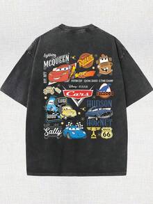 Men's Disney Premium Washed Cotton Tee, Dual-Side Cars Movie All Characters Print, Retro Racing Casual Wear. - 黑色 - 查看 2