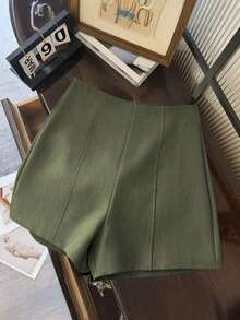 Shorts de mujer de cintura alta de color gris oscuro minimalista y de moda, con cierre de cremallera en la espalda, adecuados para el uso diario, citas y ocasiones románticas - Verde militar - Ver 1