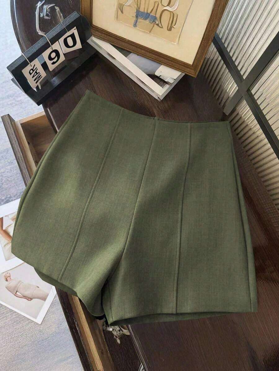 Shorts de mujer de cintura alta de color gris oscuro minimalista y de moda, con cierre de cremallera en la espalda, adecuados para el uso diario, citas y ocasiones románticas - Verde militar - Ver 1
