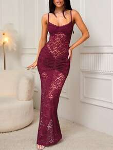 Vestido ajustado transparente con borde de encaje estilo trendy primavera verano elegante moda europea para mujer - Burdeos - Ver 9