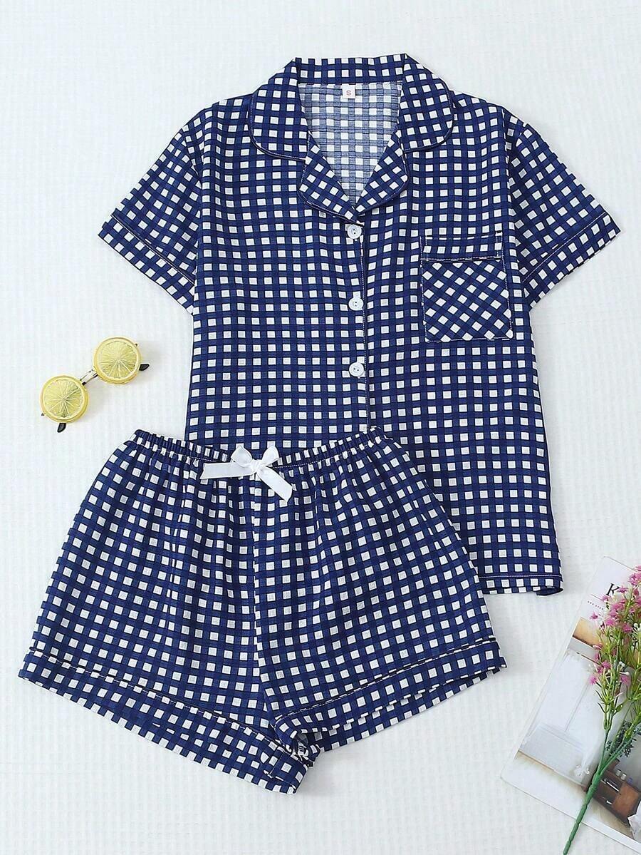 piezas de pijama con pantalón corto, de manga corta y estampado a cuadros para mujeres, ropa de estar por casa de verano - azul real - Ver 1