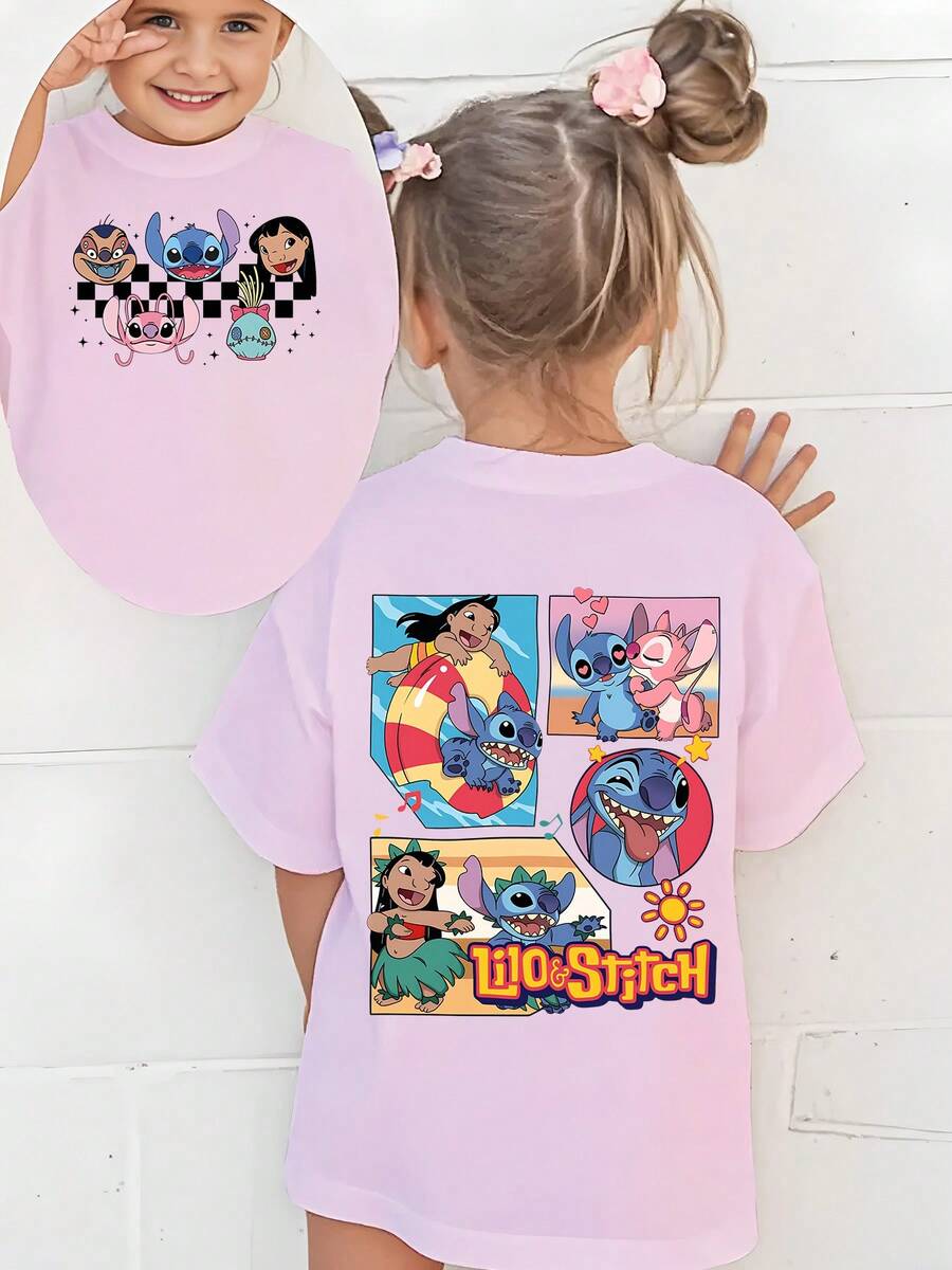Disney Lilo And Stitch Characters Double-Sided Printed Pattern T-Shirts For Girls - Children's Clothing Design Short-Sleeved Casual And Cute Style Comfortable And Casual Wear All Year Round Suitable For Parties And Play Machine Washable Gift Children's Clothing Girls' Short-Sleeved Shirts - 粉色 - 查看 1