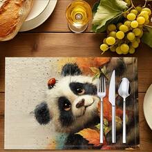 1pc/4pcs/6pcs Panda Pattern Linen Placemats, Suitable For Dining Table, All Season Decor, Modern Washable Table Mats, Room Decor, Coasters, Kitchen Dining Mats, Indoor Outdoor Party Decoration, Home Decor, Ideal Gift - Multicolor - View 5