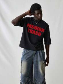 SWAVVY Men's Knit T-Shirt, Casual Style, Loose Fit, Short Sleeve, With English Letter Print, For Summer. - 黑色 - 查看 6