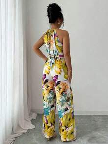 Mono con cintura entallada de tela estampada para mujer, elegante para vacaciones y uso diario con cuello de halter - Multicolor 2 - Ver 2