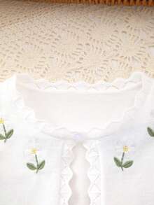 Girls' Spring/Autumn Lightweight Floral Embroidery + Ruffle Trim Knit Cardigan Shawl - White - View 2