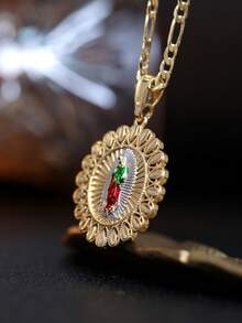1Pc Vintage Lace Frame Zirconia Virgin Mary Necklace, Copper Alloy Religious Pendant, Prayer Gift For Mother Couples Friends, Daily Festival Wear - Our Lady - View 6