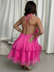Vestido de vuelo con cuello halter, espalda descubierta y dobladillo con volantes de organza blanco, elegante y romántico para el Día de San Valentín - Vestido de muñeca de fantasía - Rosa Fucsia - Ver 3