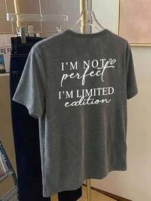 Limited Edition Printed T-Shirt For Women | I'm Not Perfect, Fashionable White T-Shirt For Spring/Summer, Casual, Round Neck And Short Sleeve - abu-abu gelap - View 4