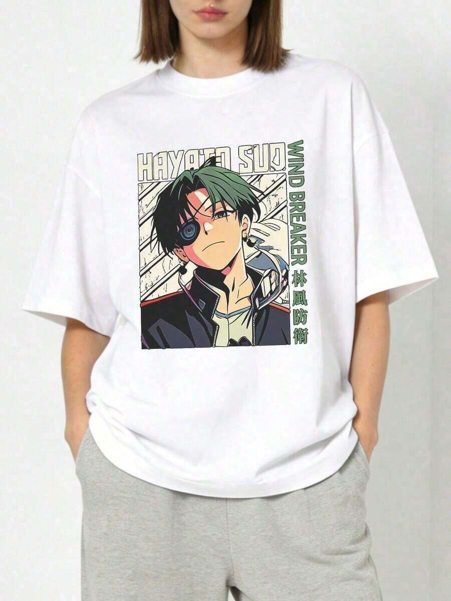 Fashion Printed T‑Shirts for Women, Oversized Streetwear Tops, Comfortable and Stylish All‑Match Summer TeesCamiseta de manga corta de cuello redondo suave y casual de verano para mujer, con estampado vintage de personaje de anime Hayato Sudo Wind Breaker con texto en kanji. - Blanco - Ver 1