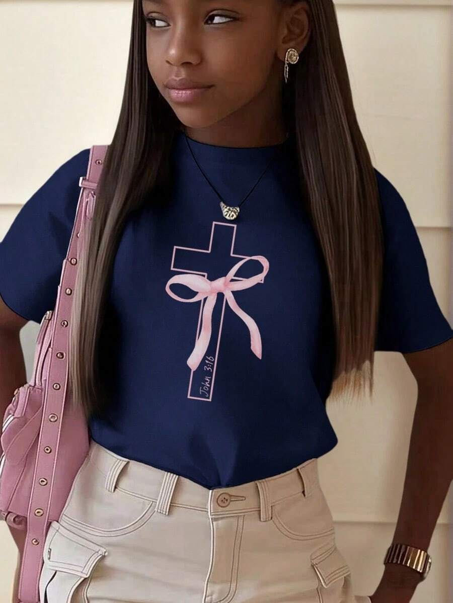 1 pieza de camiseta de manga corta con cuello redondo y estampado de mariposas y cruces para niñas, ropa de verano para estudiantes jóvenes - inspira la imaginación y la autoexpresión. - Azul Marino - Ver 1