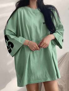 Camiseta holgada de manga larga con cuello redondo y estampado de letras para mujer, de estilo casual y suelto para el verano - verde menta - Ver 2