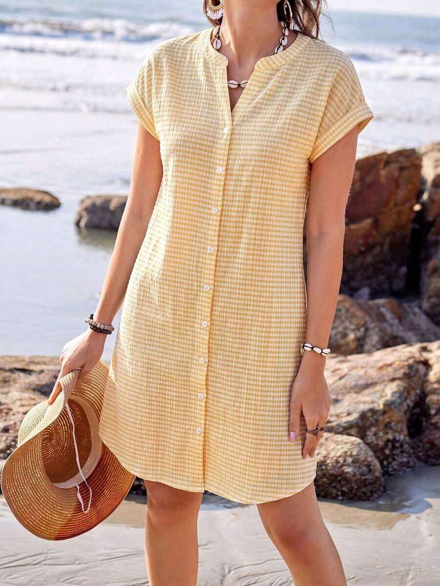 Women's Summer Shirt Dress, Short Sleeve, V-Neck, Striped, Knee Length, Summer Dresses For Women, Vacation - 黃色 - 查看 1