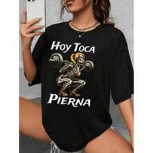 Camiseta gráfica de algodón negra para mujer con estampado de esqueleto levantando pesas, corte holgado, cuello redondo, manga corta, transpirable, informal, para gimnasio y uso diario. - Negro - Ver 1