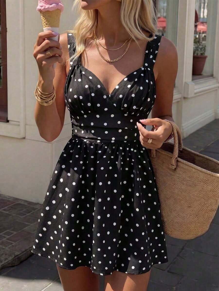 PariChic Nuevo vestido de verano para mujer con base negra y lunares blancos, con tirantes de espagueti, escote en V profundo y bajo acampanado. Estilo retro americano, encantador y llamativo para citas, tardes de té, reuniones con amigos, ir al trabajo y eventos sociales ligeros. - Negro - Ver 1