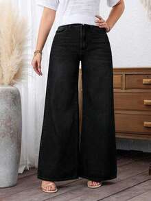 Jeans de uso diario simples de unicolor para mujer - Negro - Ver 3