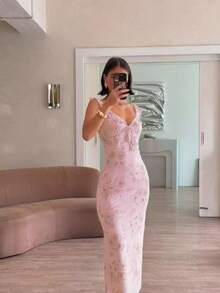 Vestido tirantes vintage estampado escote bajo estilo vacaciones ajustado elegante verano moda europea para mujer - Rosa - Ver 2
