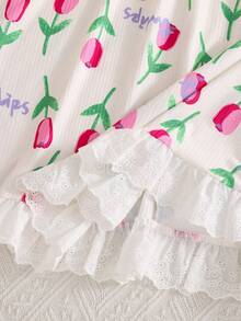 Summer Girls' Tulip Print+Bow Decoration Bubble Short Sleeve Sleeping Dress With Gentle/Fresh Girlish Atmosphere,Soft Fabric,Girls' Little Fresh Dress - Pink - View 8