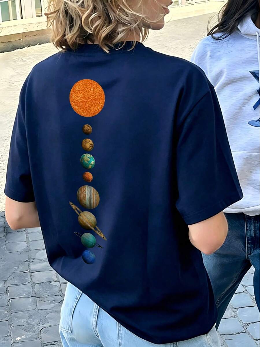 女款美式復古太陽系行星印花圓領短袖T恤,寬鬆休閒百搭上衣,適合夏季、日常活動、工作、辦公室與聚會 - 藏青 - 查看 1