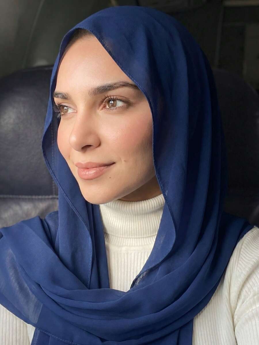 1pc Women's Solid Color Pearl Chiffon Headscarf, Arabic Style Casual Long Scarf, Suitable For Daily Use - Navy Blue - View 1