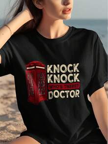 Camiseta divertida "Toc toc D-oc T-or W H-o" con cabina telefnica roja, camiseta de manga, camisetas de anime, regalo divertido, camiseta estampada, camiseta divertida, camisetas de anime, top vintage - Negro - Ver 2