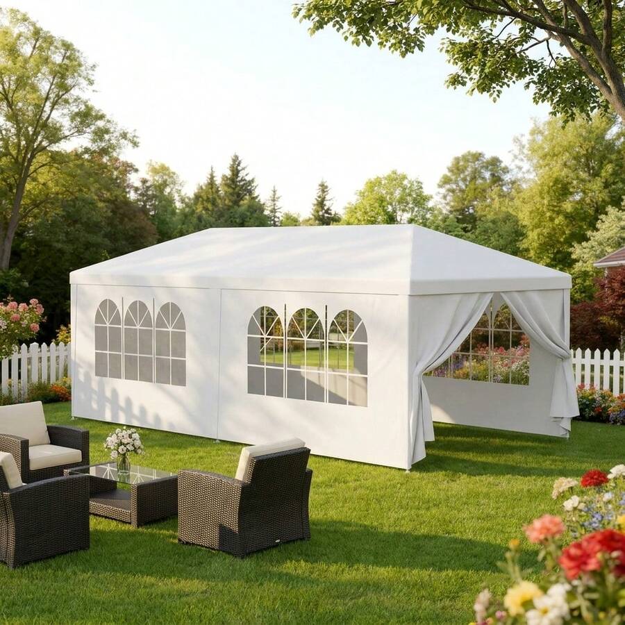 10x20' Outdoor Garden Gazebo Wedding Party Tent Canopy Marquee With 6 Removable Sidewalls- PE Wedding & Party Gazebo, Ideal For Backyard, Events, Camping, Picnic, Garden Pavilion - Trắng + Kim loại-2 - Xem 1