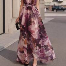 Vestido largo de mujer sin mangas con estampado digital de flores y escote halter elegante y ajustado para un look moderno y femenino - Morado - Ver 5